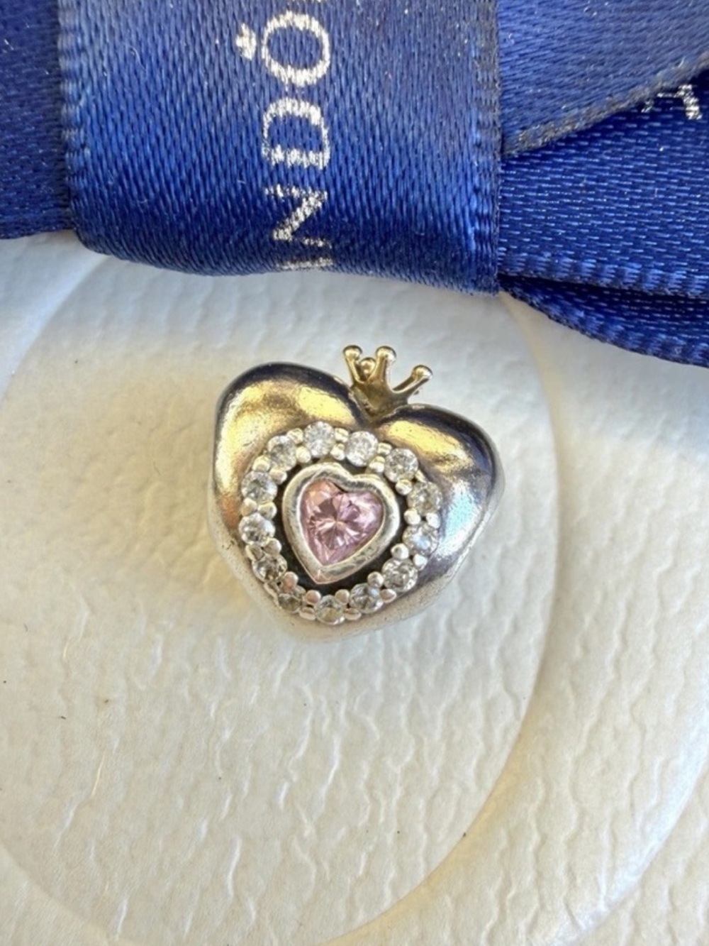 Pandora Sterling Silver S925 Two Tone Princess Heart Pink CZ Charm 791375PCZ
